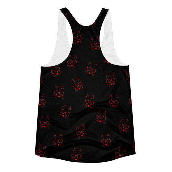 Women's Pop Neon Red Black Cat Whiskers Summer Racerback Tank Top -  -  - srce threads - 2
