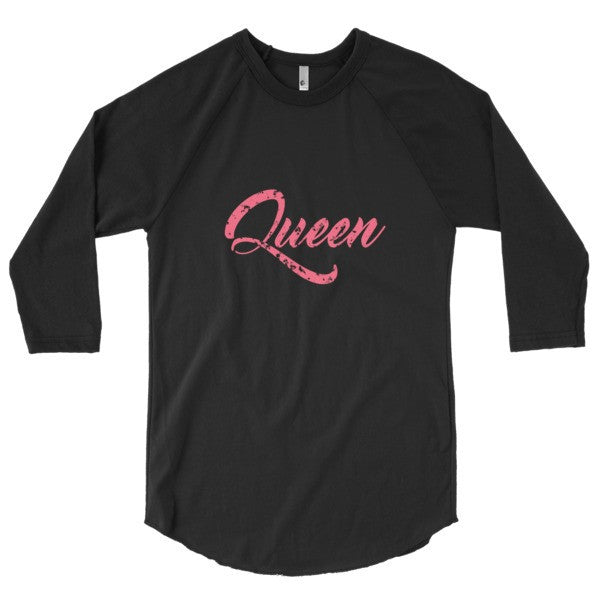 "Queen" Peach Vintage Calligraphy 3/4 Raglan Baseball Tee Shirt (Unisex) -  - Black/Black / XS - srce threads - 14