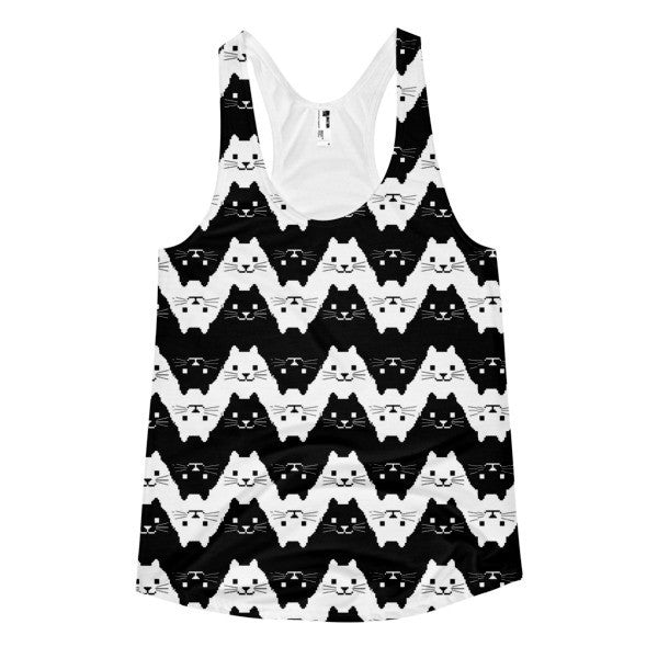 Women's Cat Black White Patterned Racerback Summer Tank -  - XS - srce threads - 1