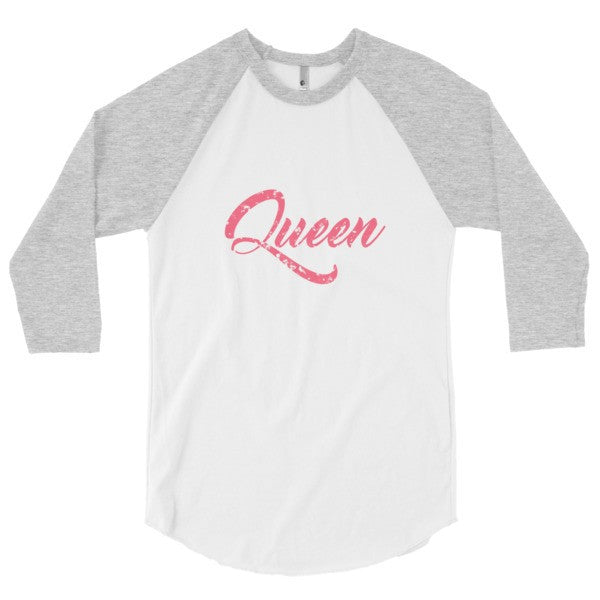 "Queen" Peach Vintage Calligraphy 3/4 Raglan Baseball Tee Shirt (Unisex) -  - White/Heather Grey / XS - srce threads - 5