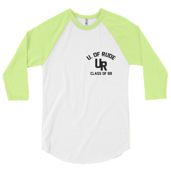"Rude U." Black Vintage College Summer 3/4 Sleeve Raglan Baseball Tee Shirt (Unisex) -  - White/Neon Yellow / XS - srce threads - 12
