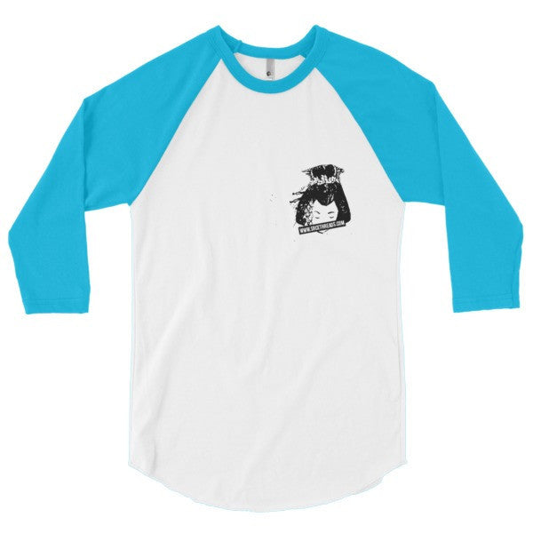 Classic SRCE Geisha Brand Censor 3/4 Sleeve Raglan Baseball Tee Shirt (Unisex) - No Back -  - White/Neon Heather Blue / XS - srce threads - 9