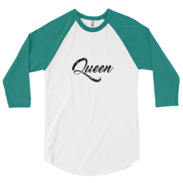 "Queen" Black Vintage Calligraphy 3/4 Raglan Baseball Tee Shirt (Unisex) -  - White/Evergreen / XS - srce threads - 1