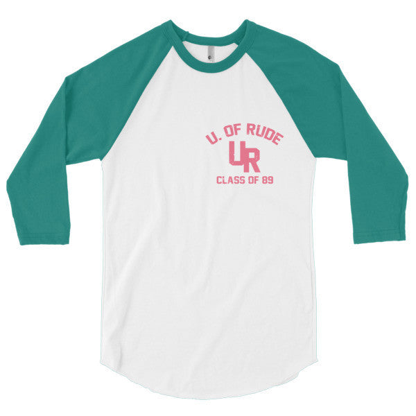 "U of Rude" 89 Vintage Collection 3/4 Sleeve Raglan Baseball Tee Shirt -  - White/Evergreen / XS - srce threads - 3