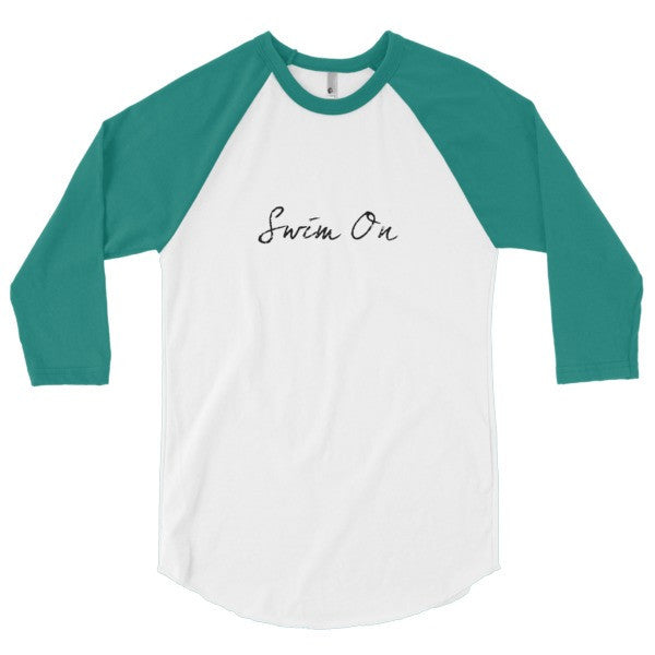 "Swim On" Motivation Black 3/4 Sleeve Raglan Baseball Tee Shirt (Unisex) -  - White/Evergreen / XS - srce threads - 2