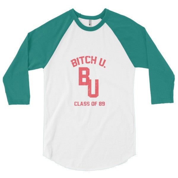 Classic "Bitch U. Class of 89'" Vintage 3/4 Sleeve Raglan Baseball Tee Shirt (Unisex) -  - White/Evergreen / XS - srce threads - 2
