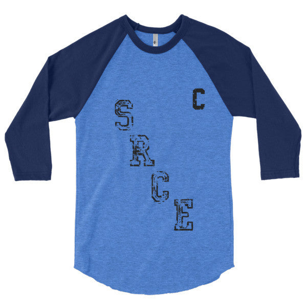 SRCE Vintage Diagonal Hockey Throwback Black 3/4 Sleeve Raglan Baseball Tee Shirt (Unisex) -  - Heather Lake Blue/Navy / XS - srce threads - 19