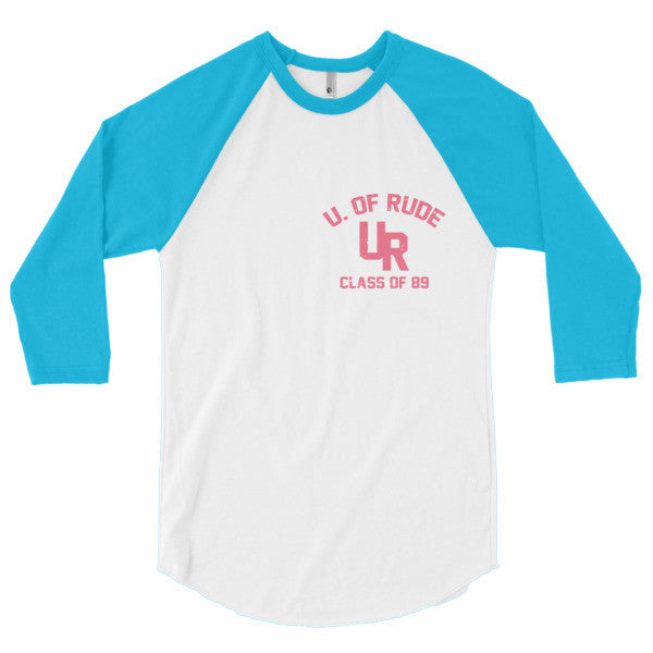 "U of Rude" 89 Vintage Collection 3/4 Sleeve Raglan Baseball Tee Shirt -  - White/Neon Heather Blue / XS - srce threads - 8