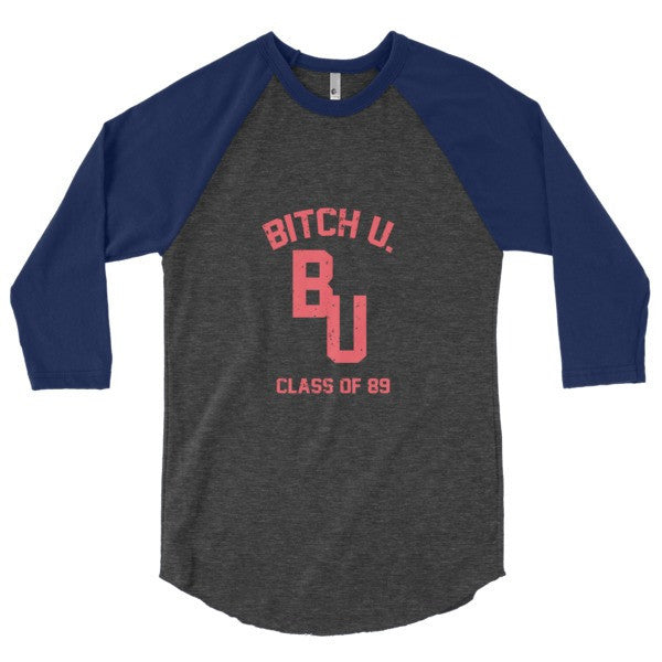 Classic "Bitch U. Class of 89'" Vintage 3/4 Sleeve Raglan Baseball Tee Shirt (Unisex) -  - Heather Black/Navy / XS - srce threads - 15