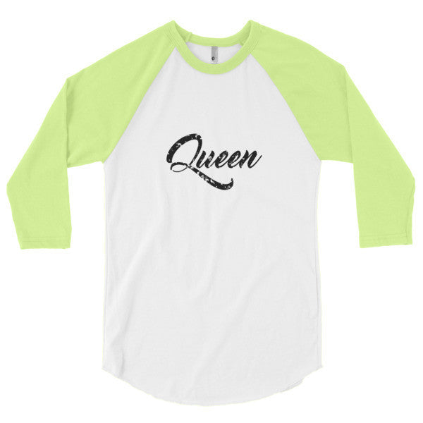 "Queen" Black Vintage Calligraphy 3/4 Raglan Baseball Tee Shirt (Unisex) -  - White/Neon Yellow / XS - srce threads - 12