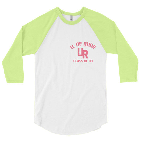 "U of Rude" 89 Vintage Collection 3/4 Sleeve Raglan Baseball Tee Shirt -  - White/Neon Yellow / XS - srce threads - 10