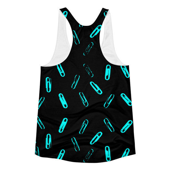 Women's Classic SRCE Brand Paper Clip Pattern Pop Neon Blue Racerback Tank -  -  - srce threads - 2