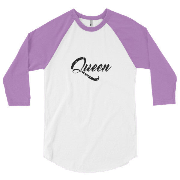 "Queen" Black Vintage Calligraphy 3/4 Raglan Baseball Tee Shirt (Unisex) -  - White/Orchid / XS - srce threads - 13