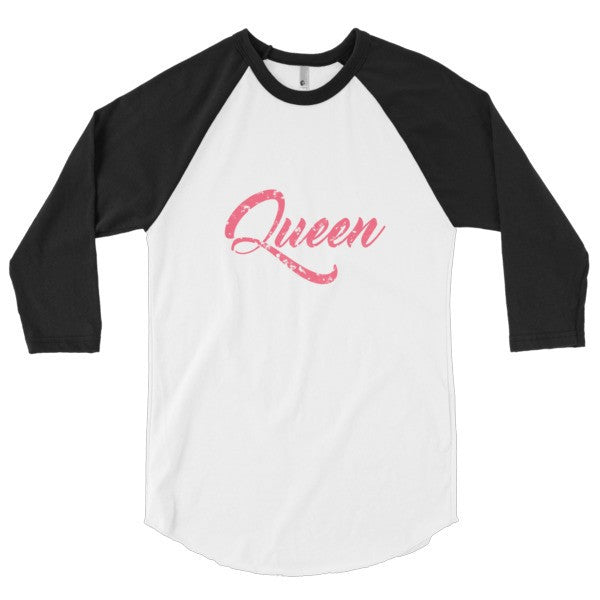 "Queen" Peach Vintage Calligraphy 3/4 Raglan Baseball Tee Shirt (Unisex) -  - White/Black / XS - srce threads - 1