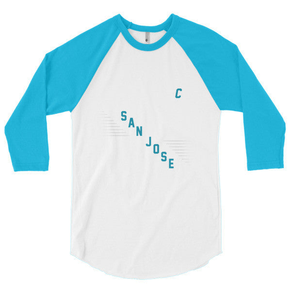 Classic "San Jose" Retro Diagonal Captain Double Zero 3/4 Sleeve Raglan Baseball Tee Shirt (Unisex) -  - White/Neon Heather Blue / XS - srce threads - 9