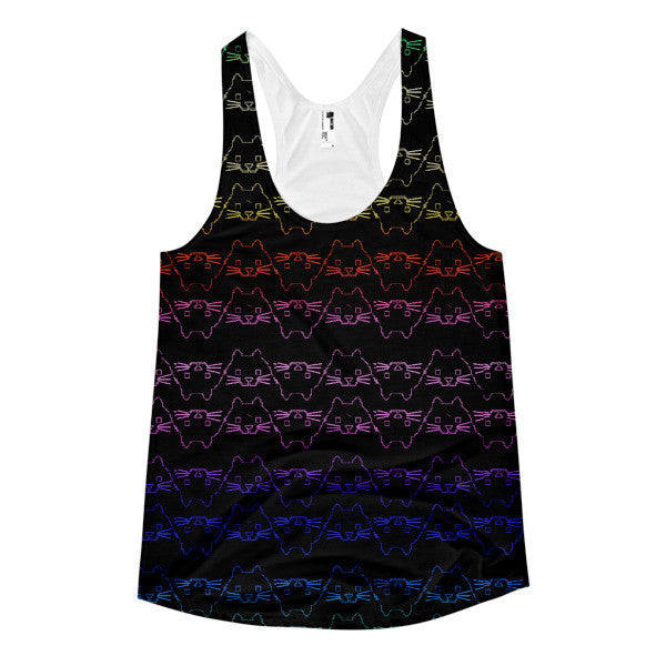 Women's Rainbow 8 Bit Cat Black Summer Racerback Tank -  - XS - srce threads - 1