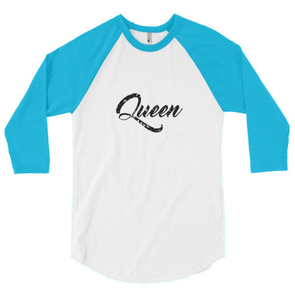 "Queen" Black Vintage Calligraphy 3/4 Raglan Baseball Tee Shirt (Unisex) -  - White/Neon Heather Blue / XS - srce threads - 9