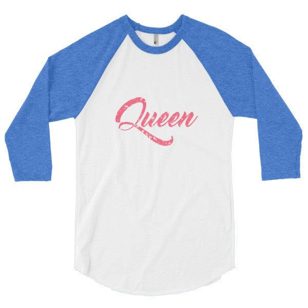 "Queen" Peach Vintage Calligraphy 3/4 Raglan Baseball Tee Shirt (Unisex) -  - White/Heather Lake Blue / XS - srce threads - 6