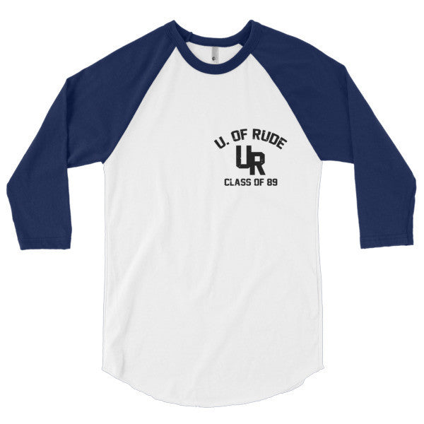 "Rude U." Black Vintage College Summer 3/4 Sleeve Raglan Baseball Tee Shirt (Unisex) -  - White/Navy / XS - srce threads - 8
