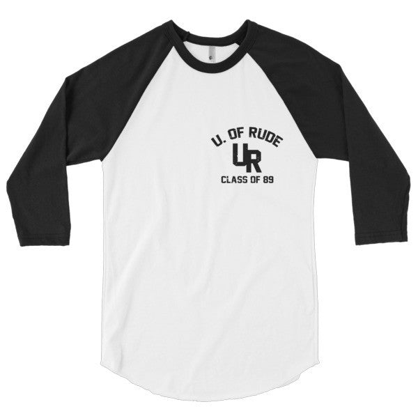 "Rude U." Black Vintage College Summer 3/4 Sleeve Raglan Baseball Tee Shirt (Unisex) -  - White/Black / XS - srce threads - 1