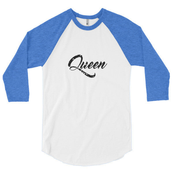"Queen" Black Vintage Calligraphy 3/4 Raglan Baseball Tee Shirt (Unisex) -  - White/Heather Lake Blue / XS - srce threads - 6