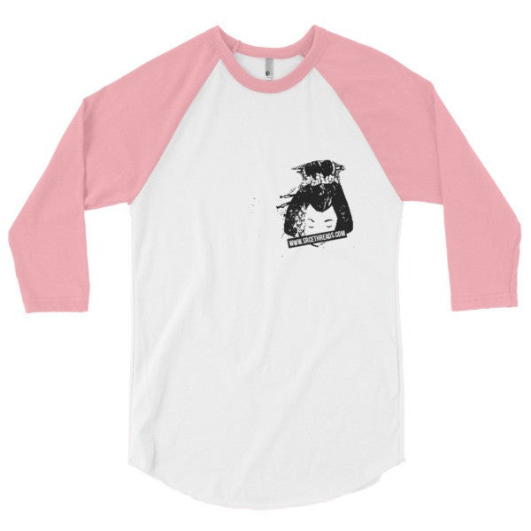 Classic SRCE Geisha Brand Censor 3/4 Sleeve Raglan Baseball Tee Shirt (Unisex) -  - White/Neon Heather Pink / XS - srce threads - 11
