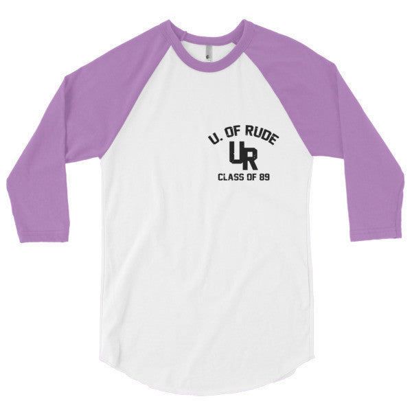 "Rude U." Black Vintage College Summer 3/4 Sleeve Raglan Baseball Tee Shirt (Unisex) -  - White/Orchid / XS - srce threads - 13