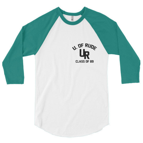 "Rude U." Black Vintage College Summer 3/4 Sleeve Raglan Baseball Tee Shirt (Unisex) -  - White/Evergreen / XS - srce threads - 2