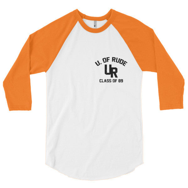"Rude U." Black Vintage College Summer 3/4 Sleeve Raglan Baseball Tee Shirt (Unisex) -  - White/Neon Heather Orange / XS - srce threads - 10