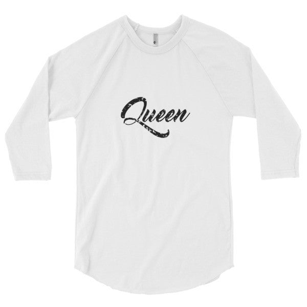 "Queen" Black Vintage Calligraphy 3/4 Raglan Baseball Tee Shirt (Unisex) -  - White/White / XS - srce threads - 16