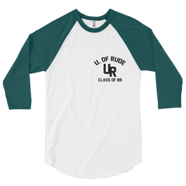 "Rude U." Black Vintage College Summer 3/4 Sleeve Raglan Baseball Tee Shirt (Unisex) -  - White/Forest / XS - srce threads - 3