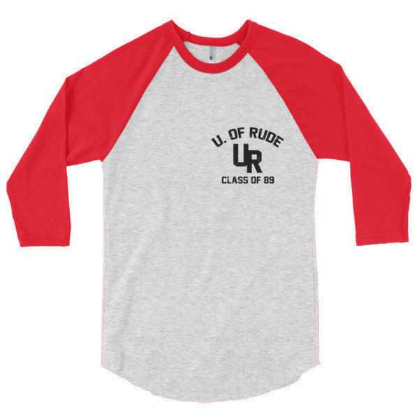 "Rude U." Black Vintage College Summer 3/4 Sleeve Raglan Baseball Tee Shirt (Unisex) -  - Heather Grey/Red / S - srce threads - 19