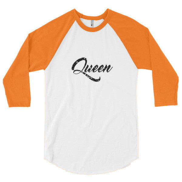 "Queen" Black Vintage Calligraphy 3/4 Raglan Baseball Tee Shirt (Unisex) -  - White/Neon Heather Orange / XS - srce threads - 10