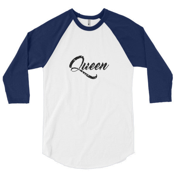 "Queen" Black Vintage Calligraphy 3/4 Raglan Baseball Tee Shirt (Unisex) -  - White/Navy / XS - srce threads - 8