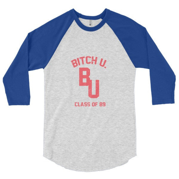Classic "Bitch U. Class of 89'" Vintage 3/4 Sleeve Raglan Baseball Tee Shirt (Unisex) -  - Heather Grey/Lapis / XS - srce threads - 16