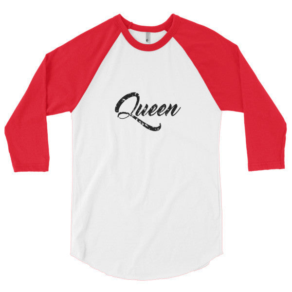 "Queen" Black Vintage Calligraphy 3/4 Raglan Baseball Tee Shirt (Unisex) -  - White/Red / XS - srce threads - 14