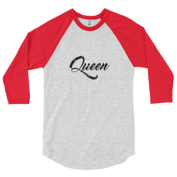 "Queen" Black Vintage Calligraphy 3/4 Raglan Baseball Tee Shirt (Unisex) -  - Heather Grey/Red / S - srce threads - 19