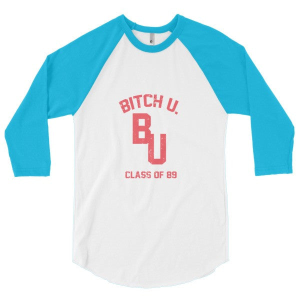 Classic "Bitch U. Class of 89'" Vintage 3/4 Sleeve Raglan Baseball Tee Shirt (Unisex) -  - White/Neon Heather Blue / XS - srce threads - 8