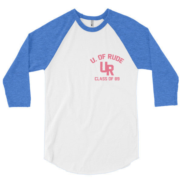 "U of Rude" 89 Vintage Collection 3/4 Sleeve Raglan Baseball Tee Shirt -  - White/Heather Lake Blue / XS - srce threads - 1