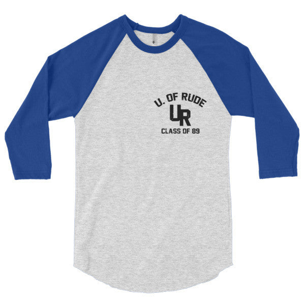 "Rude U." Black Vintage College Summer 3/4 Sleeve Raglan Baseball Tee Shirt (Unisex) -  - Heather Grey/Lapis / XS - srce threads - 17