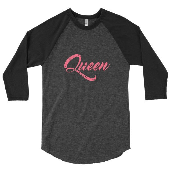 "Queen" Peach Vintage Calligraphy 3/4 Raglan Baseball Tee Shirt (Unisex) -  - Heather Black/Black / XS - srce threads - 16