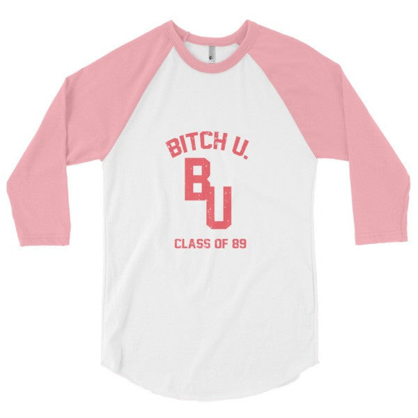 Classic "Bitch U. Class of 89'" Vintage 3/4 Sleeve Raglan Baseball Tee Shirt (Unisex) -  - White/Neon Heather Pink / XS - srce threads - 9