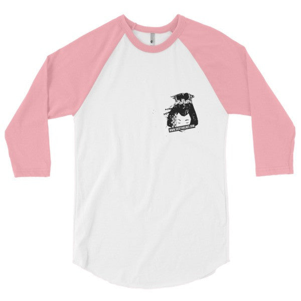 Classic SRCE Geisha Brand Censor 3/4 Sleeve Raglan Baseball Tee Shirt (Unisex) - No Back -  - White/Neon Heather Pink / XS - srce threads - 11