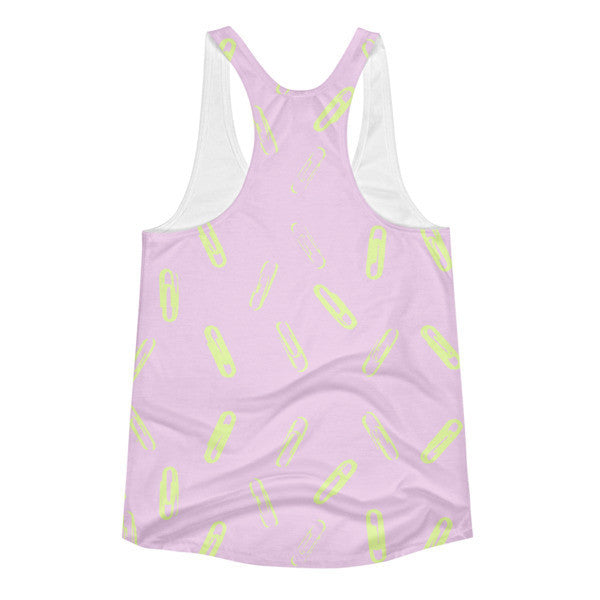 Women's Classic SRCE Brand Paper Clip Pattern Matte Pink Yellow Racerback Tank -  -  - srce threads - 2