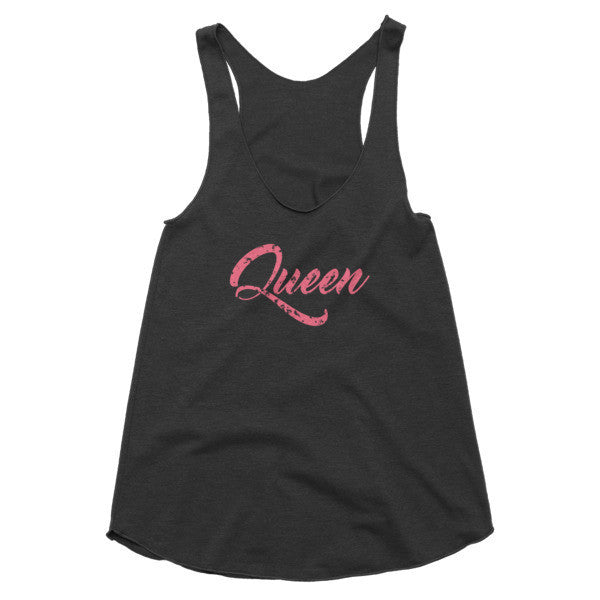 Women's "Queen" Peach Vintage Calligraphy Summer Racerback Tank Top -  - Tri-Black / XS - srce threads - 2