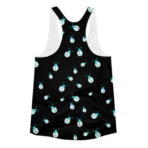 Women's Black Neon Blue Ladybug Summer Racerback Tank -  -  - srce threads - 2