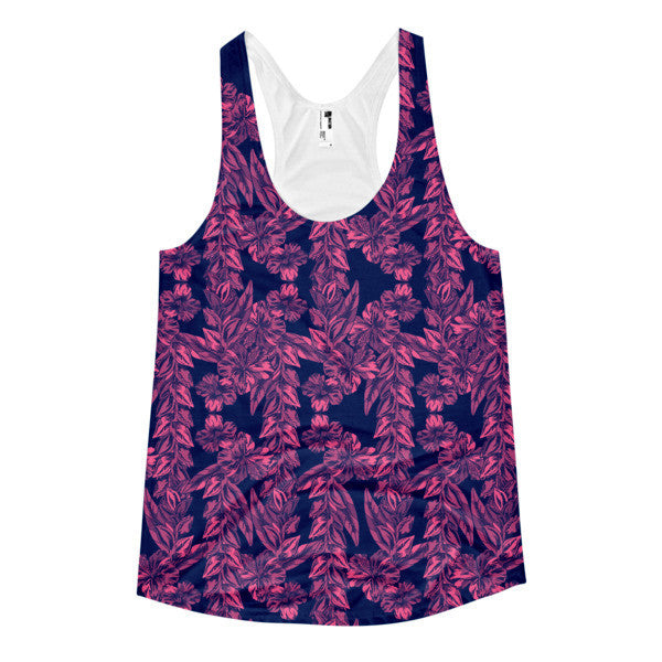 Women's Trop Vine Pop Navy w/ Pink Summer Racerback Tank Top -  - XS - srce threads - 1