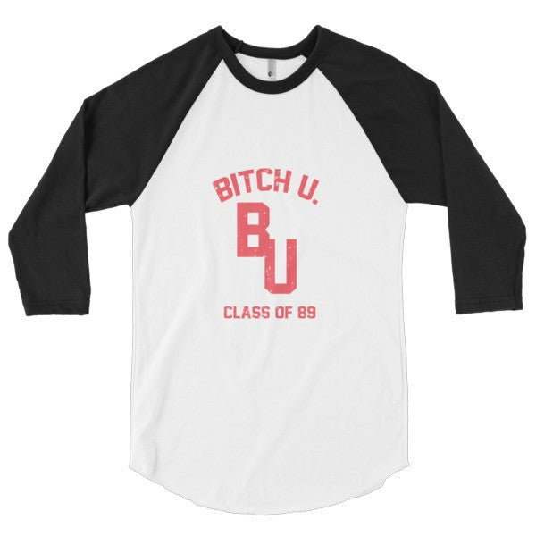 Classic "Bitch U. Class of 89'" Vintage 3/4 Sleeve Raglan Baseball Tee Shirt (Unisex) -  - White/Black / XS - srce threads - 1