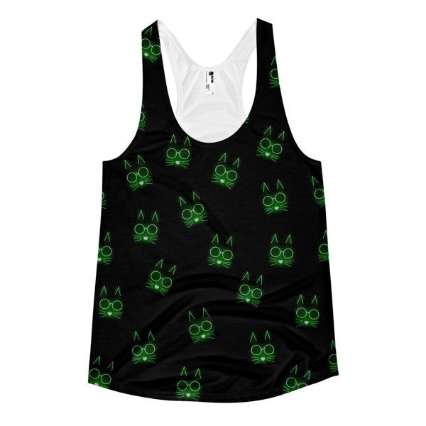 Women's Pop Neon Black Green Cat Whiskers Summer Racerback Tank Top -  - XS - srce threads - 1