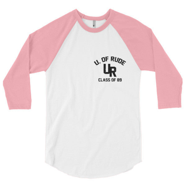 "Rude U." Black Vintage College Summer 3/4 Sleeve Raglan Baseball Tee Shirt (Unisex) -  - White/Neon Heather Pink / XS - srce threads - 11